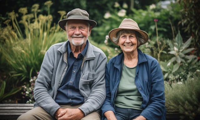 photo d'un couple âgé et souriant assis côte à côte sur un banc dans un parc fleuri
