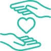 icone vert sur fond transparent représentant 2 mains ouvertes tenant en leur creux un coeur